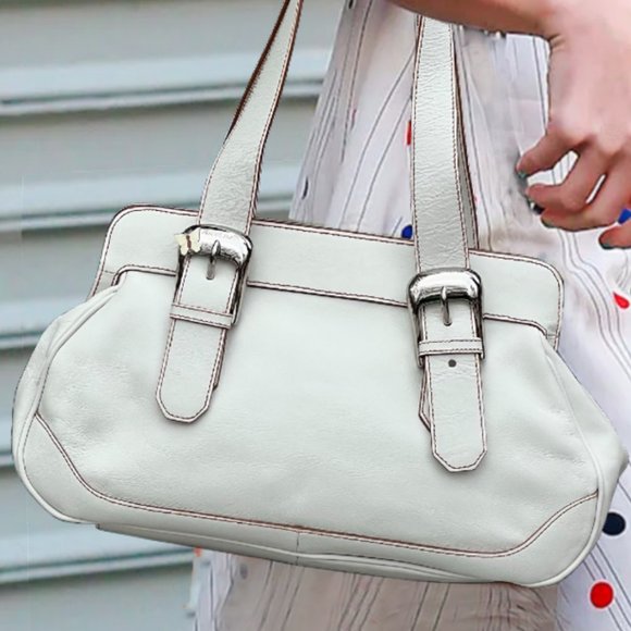 FRANCO SARTO Genuine Textured Leather Off White Satchel Handbag - Picture 6 of 16